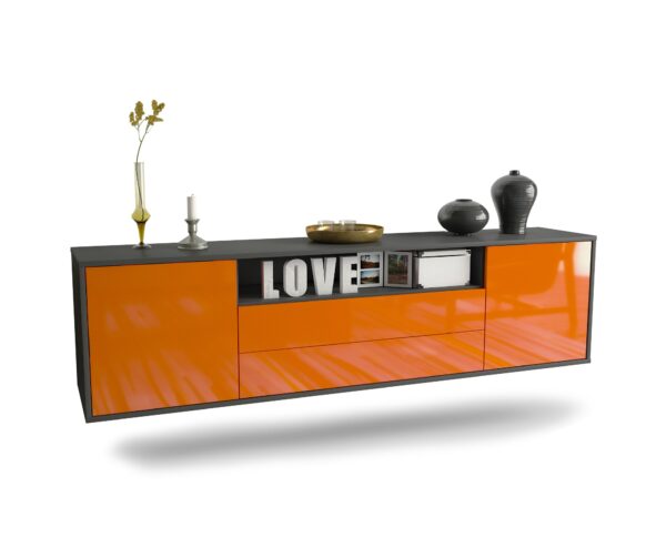 Lowboard Stockton | hängend | Korpus Anthrazit | Front in Hochglanz Orange | 180x49x35cm (BxHxT)