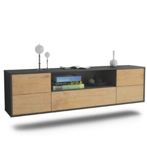 Lowboard Buffalo | hängend | Korpus Anthrazit | Front in Eiche Holz Optik | 180x49x35cm (BxHxT)