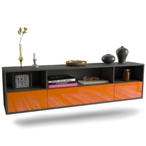 Lowboard Plano | hängend | Korpus Anthrazit | Front in Hochglanz Orange | 180x49x35cm (BxHxT)