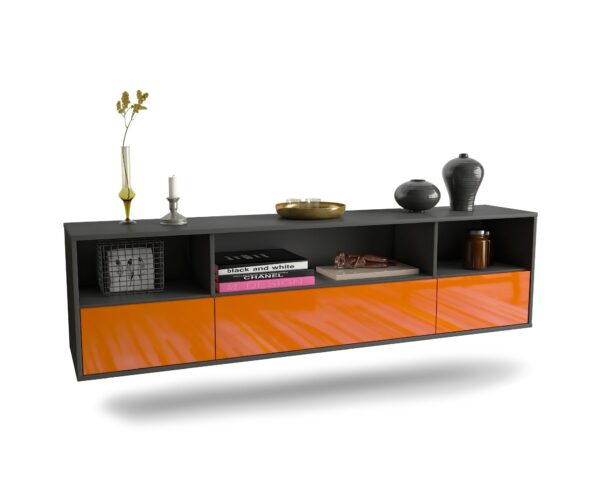 Lowboard Plano | hängend | Korpus Anthrazit | Front in Hochglanz Orange | 180x49x35cm (BxHxT)