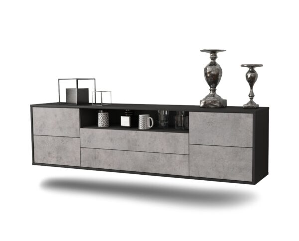 Lowboard Fort Wayne | hängend | Korpus Anthrazit | Front in Beton Optik | 180x49x35cm (BxHxT)