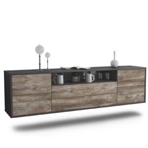 Lowboard Fort Wayne | hängend | Korpus Anthrazit | Front in Treibholz Holz Optik | 180x49x35cm (BxHxT)