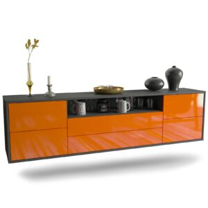 Lowboard Fort Wayne | hängend | Korpus Anthrazit | Front in Hochglanz Orange | 180x49x35cm (BxHxT)
