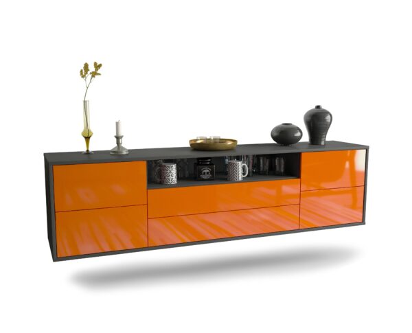 Lowboard Fort Wayne | hängend | Korpus Anthrazit | Front in Hochglanz Orange | 180x49x35cm (BxHxT)