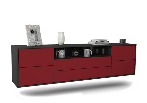 Lowboard Fort Wayne | hängend | Korpus Anthrazit | Front in Bordeaux | 180x49x35cm (BxHxT)