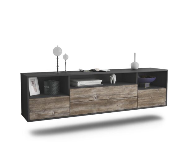 Lowboard Henderson | hängend | Korpus Anthrazit | Front in Treibholz Holz Optik | 180x49x35cm (BxHxT)