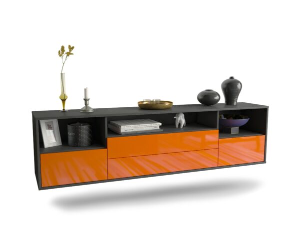Lowboard Henderson | hängend | Korpus Anthrazit | Front in Hochglanz Orange | 180x49x35cm (BxHxT)