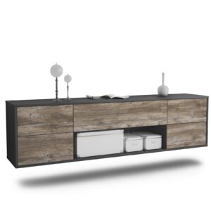 Lowboard Lincoln | hängend | Korpus Anthrazit | Front in Treibholz Holz Optik | 180x49x35cm (BxHxT)