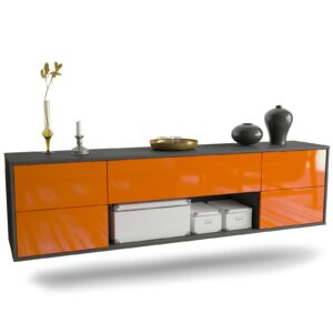 Lowboard Lincoln | hängend | Korpus Anthrazit | Front in Hochglanz Orange | 180x49x35cm (BxHxT)