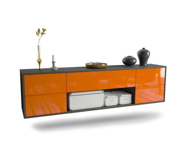 Lowboard Lincoln | hängend | Korpus Anthrazit | Front in Hochglanz Orange | 180x49x35cm (BxHxT)