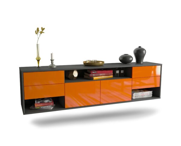 Lowboard Jersey City | hängend | Korpus Anthrazit | Front in Hochglanz Orange | 180x49x35cm (BxHxT)