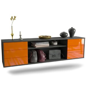 Lowboard Norfolk | hängend | Korpus Anthrazit | Front in Hochglanz Orange | 180x49x35cm (BxHxT)