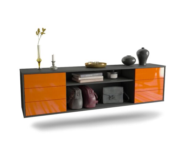 Lowboard Norfolk | hängend | Korpus Anthrazit | Front in Hochglanz Orange | 180x49x35cm (BxHxT)