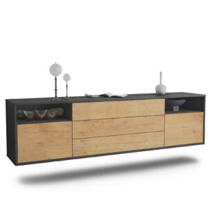 Lowboard Krefeld | hängend | Korpus Anthrazit | Front in Eiche Holz Optik | 180x49x35cm (BxHxT)