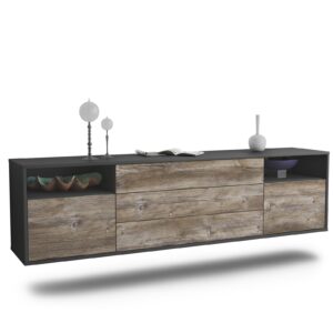 Lowboard Krefeld | hängend | Korpus Anthrazit | Front in Treibholz Holz Optik | 180x49x35cm (BxHxT)