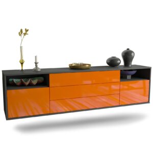Lowboard Krefeld | hängend | Korpus Anthrazit | Front in Hochglanz Orange | 180x49x35cm (BxHxT)