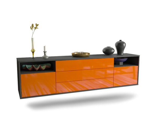 Lowboard Krefeld | hängend | Korpus Anthrazit | Front in Hochglanz Orange | 180x49x35cm (BxHxT)