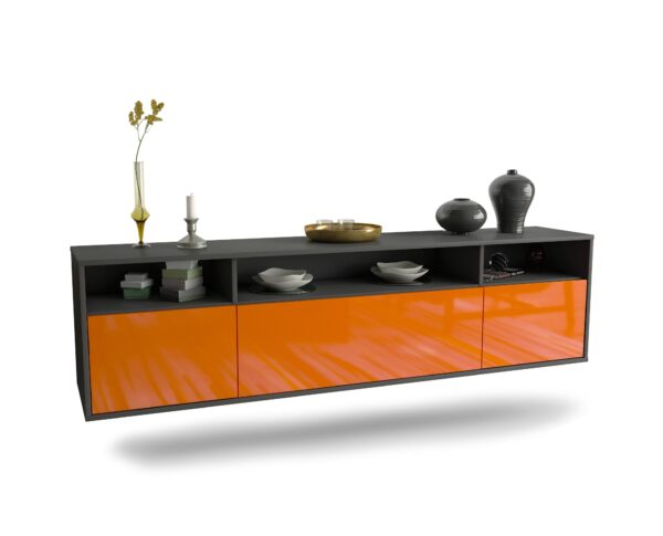Lowboard Durham | hängend | Korpus Anthrazit | Front in Hochglanz Orange | 180x49x35cm (BxHxT)