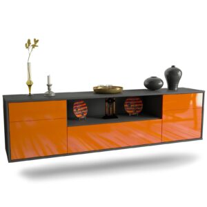 Lowboard Lubbock | hängend | Korpus Anthrazit | Front in Hochglanz Orange | 180x49x35cm (BxHxT)