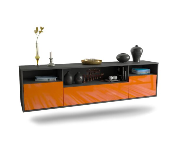 Lowboard Winston-Salem | hängend | Korpus Anthrazit | Front in Hochglanz Orange | 180x49x35cm (BxHxT)