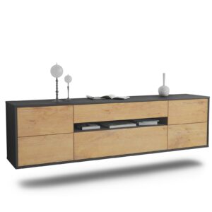 Lowboard Reno | hängend | Korpus Anthrazit | Front in Eiche Holz Optik | 180x49x35cm (BxHxT)