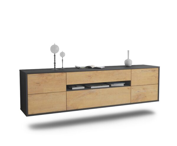 Lowboard Reno | hängend | Korpus Anthrazit | Front in Eiche Holz Optik | 180x49x35cm (BxHxT)