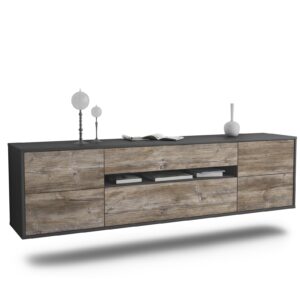 Lowboard Reno | hängend | Korpus Anthrazit | Front in Treibholz Holz Optik | 180x49x35cm (BxHxT)