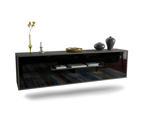 Lowboard Reno | hängend | Korpus Anthrazit | Front in Hochglanz Schwarz | 180x49x35cm (BxHxT)