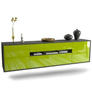 Lowboard Reno | hängend | Korpus Anthrazit | Front in Hochglanz Grün | 180x49x35cm (BxHxT)