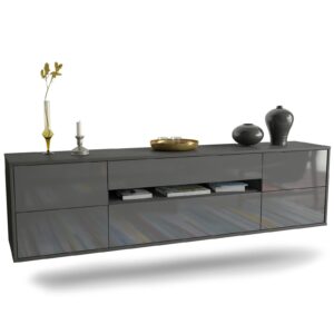 Lowboard Reno | hängend | Korpus Anthrazit | Front in Hochglanz Grau | 180x49x35cm (BxHxT)