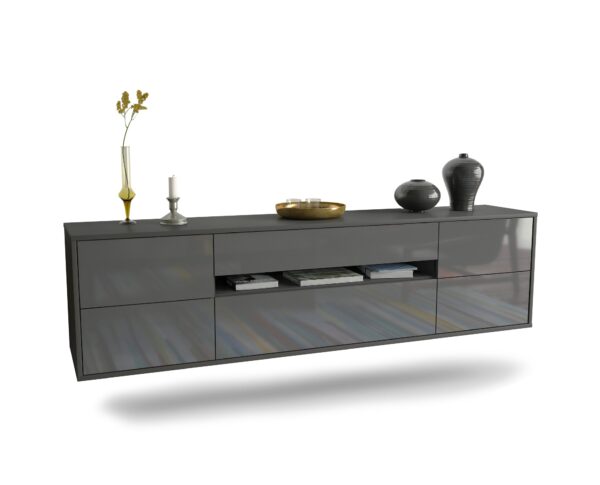 Lowboard Reno | hängend | Korpus Anthrazit | Front in Hochglanz Grau | 180x49x35cm (BxHxT)