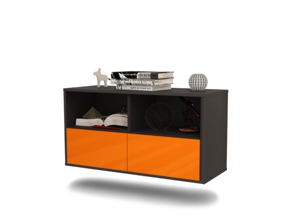 Lowboard San Antonio | hängend | Korpus Anthrazit | Front in Hochglanz Orange | 92x49x35cm (BxHxT)