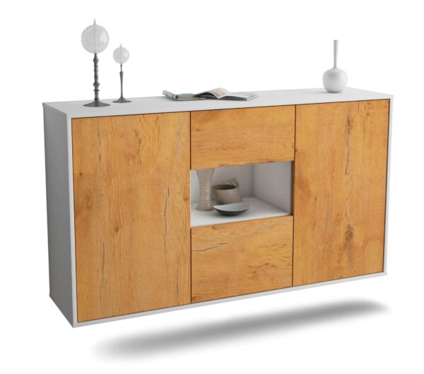 Sideboard Tallahassee | hängend | Korpus Weiß | Front in Eiche Holz Optik | 136x79x35cm (BxHxT)