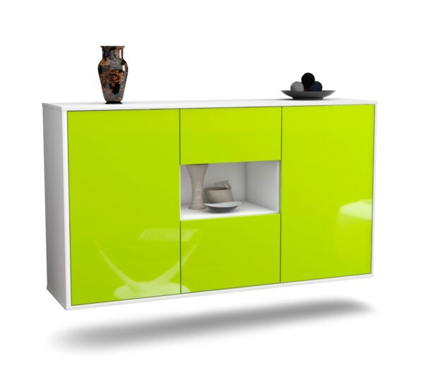 Sideboard Tallahassee | hängend | Korpus Weiß | Front in Hochglanz Grün | 136x79x35cm (BxHxT)