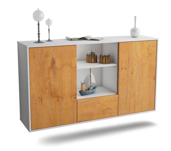 Sideboard Oceanside | hängend | Korpus Weiß | Front in Eiche Holz Optik | 136x79x35cm (BxHxT)