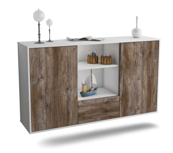 Sideboard Oceanside | hängend | Korpus Weiß | Front in Treibholz Holz Optik | 136x79x35cm (BxHxT)