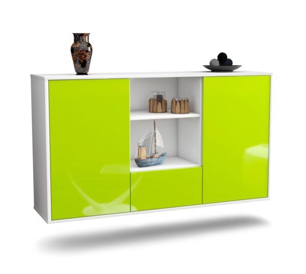 Sideboard Oceanside | hängend | Korpus Weiß | Front in Hochglanz Grün | 136x79x35cm (BxHxT)
