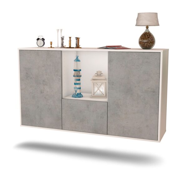 Sideboard Garden Grove | hängend | Korpus Weiß | Front in Beton Optik | 136x79x35cm (BxHxT)