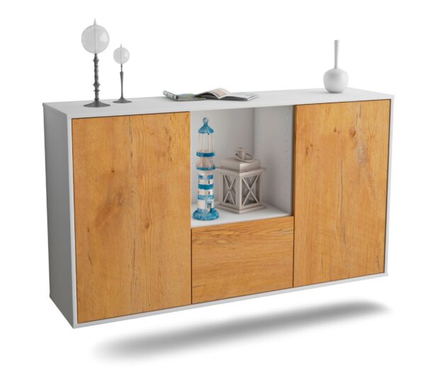 Sideboard Garden Grove | hängend | Korpus Weiß | Front in Eiche Holz Optik | 136x79x35cm (BxHxT)