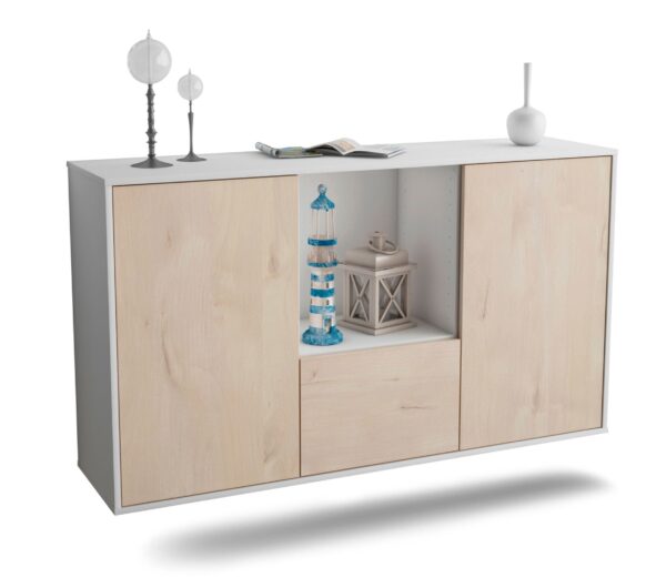 Sideboard Garden Grove | hängend | Korpus Weiß | Front in Zeder Holz Optik | 136x79x35cm (BxHxT)