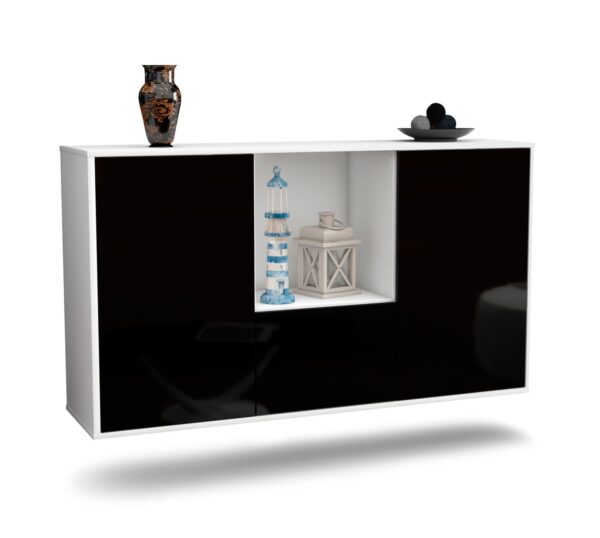 Sideboard Garden Grove | hängend | Korpus Weiß | Front in Hochglanz Schwarz | 136x79x35cm (BxHxT)