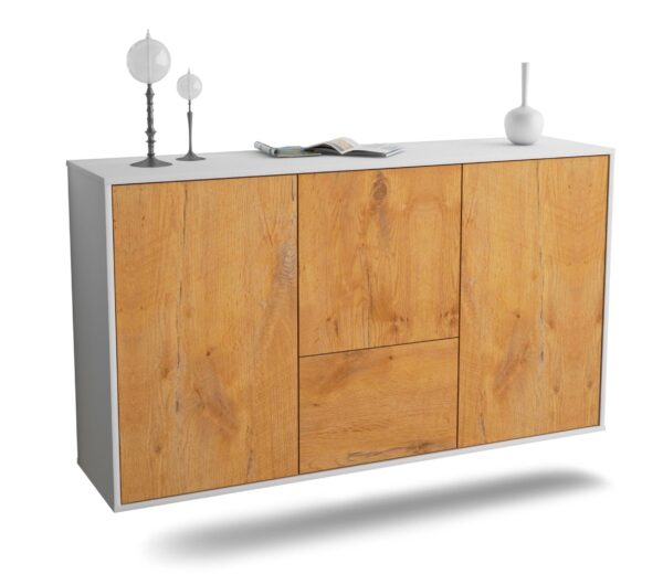 Sideboard Vancouver | hängend | Korpus Weiß | Front in Eiche Holz Optik | 136x79x35cm (BxHxT)