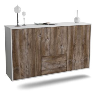 Sideboard Vancouver | hängend | Korpus Weiß | Front in Treibholz Holz Optik | 136x79x35cm (BxHxT)