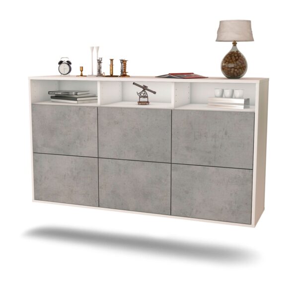 Sideboard Cape Coral | hängend | Korpus Weiß | Front in Beton Optik | 136x79x35cm (BxHxT)