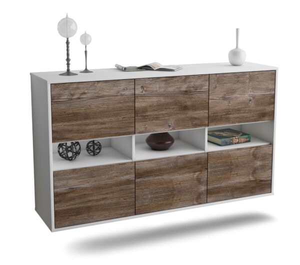 Sideboard Rockford | hängend | Korpus Weiß | Front in Treibholz Holz Optik | 136x79x35cm (BxHxT)