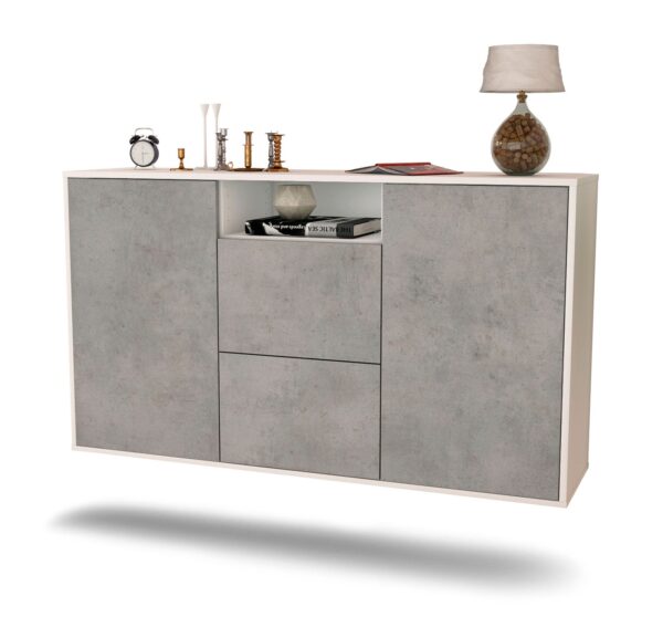 Sideboard Dayton | hängend | Korpus Weiß | Front in Beton Optik | 136x79x35cm (BxHxT)