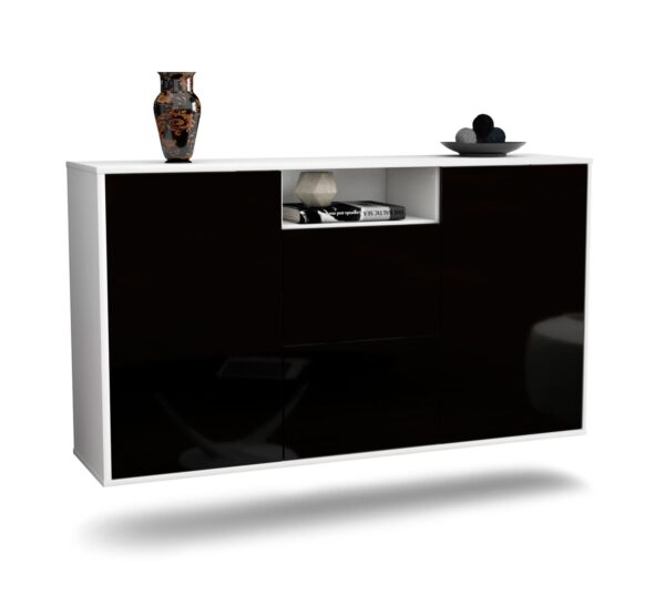 Sideboard Dayton | hängend | Korpus Weiß | Front in Hochglanz Schwarz | 136x79x35cm (BxHxT)
