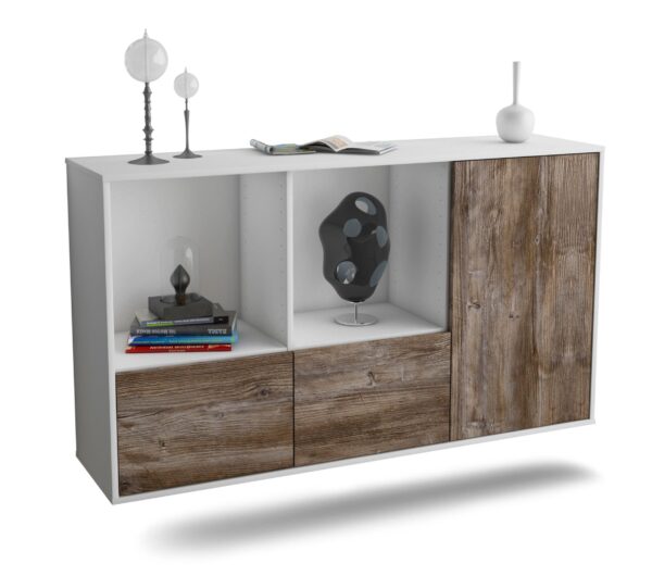 Sideboard Springfield | hängend | Korpus Weiß | Front in Treibholz Holz Optik | 136x79x35cm (BxHxT)