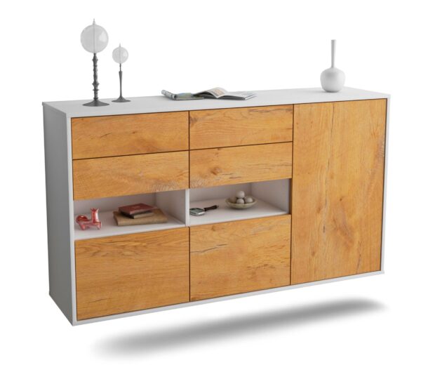 Sideboard Santa Rosa | hängend | Korpus Weiß | Front in Eiche Holz Optik | 136x79x35cm (BxHxT)