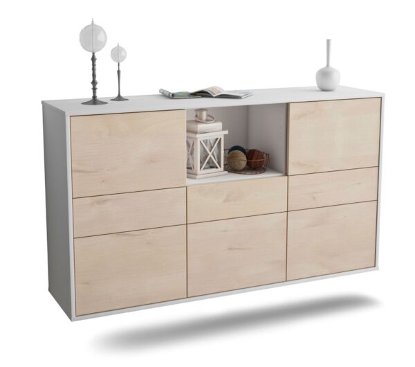 Sideboard Pomona | hängend | Korpus Weiß | Front in Zeder Holz Optik | 136x79x35cm (BxHxT)